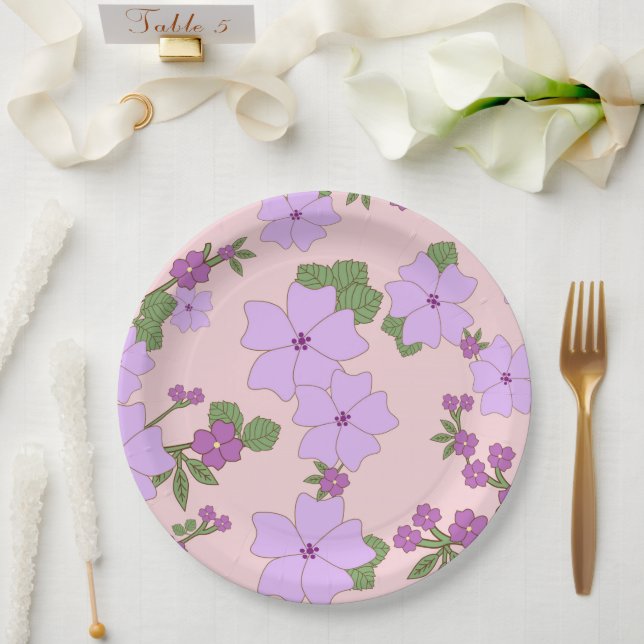 Purple Flowers, Floral Pattern, Pattern Of Flowers Paper Plates (Wedding)