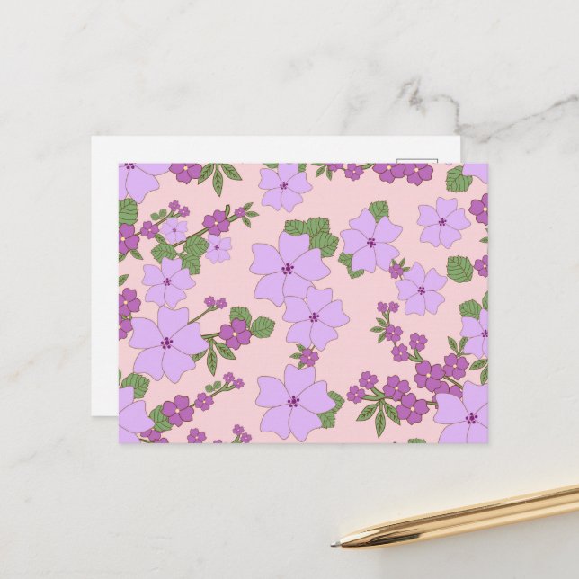 Purple Flowers, Floral Pattern, Pattern Of Flowers Postcard (Front/Back In Situ)