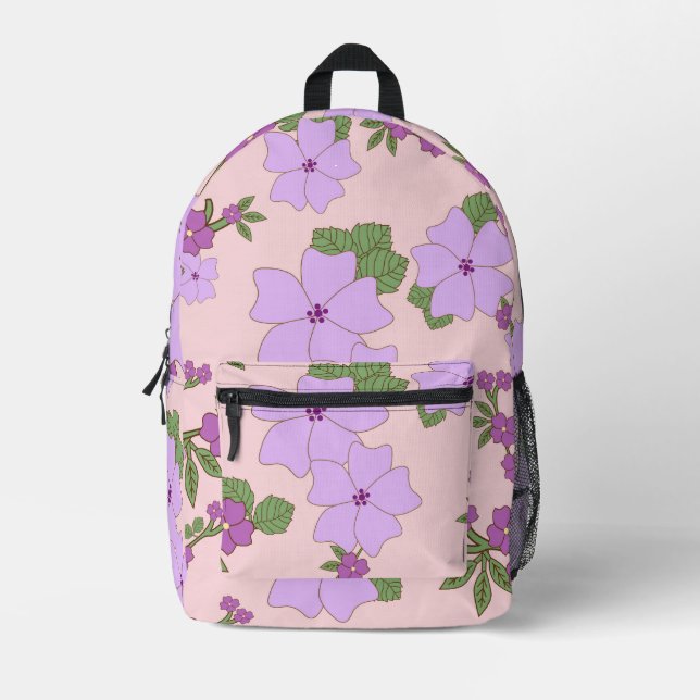 Purple Flowers, Floral Pattern, Pattern Of Flowers Printed Backpack (Front)