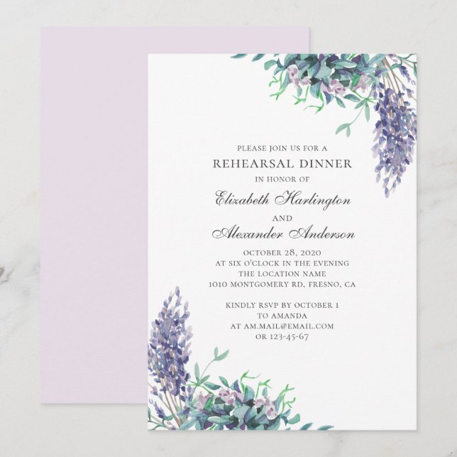 Purple flowers. Floral rehearsal dinner. Lavender Invitation (Front/Back)