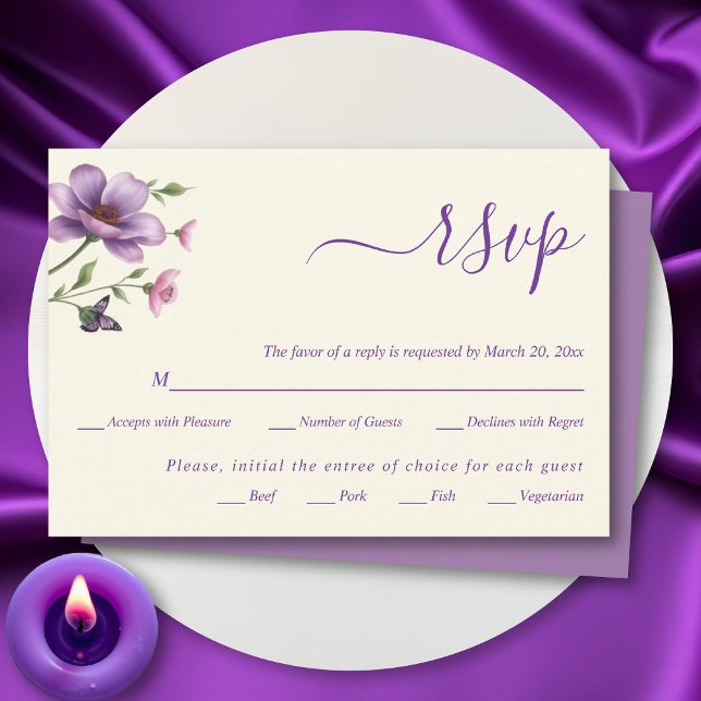 Purple flowers floral spring wedding RSVP card (Creator Uploaded)