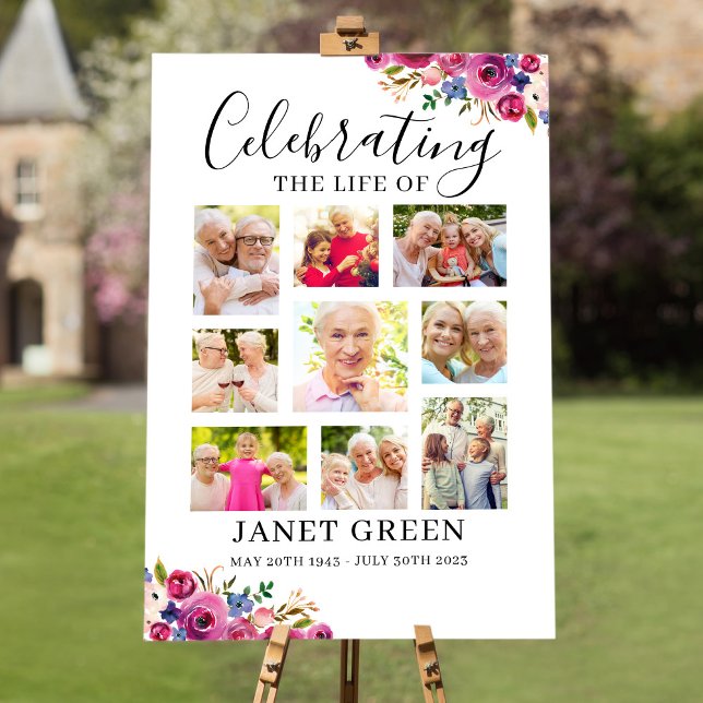 Purple Flowers Funeral Poster with Photo Collage (Creator Uploaded)