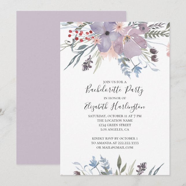 Purple flowers. Garden floral bachelorette party Invitation (Front/Back)