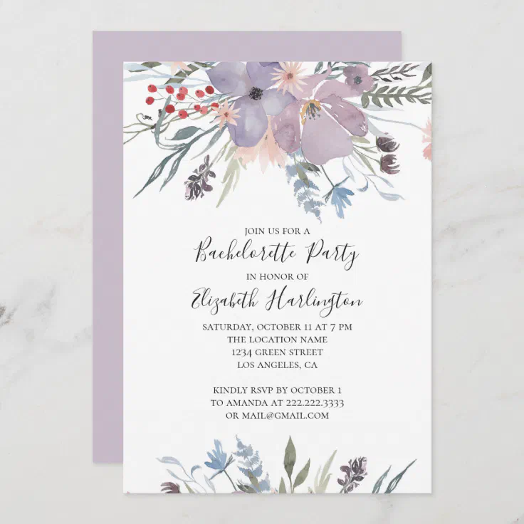 Purple flowers. Garden floral bachelorette party Invitation | Zazzle