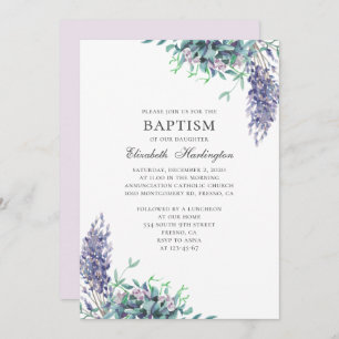 Purple flowers. Garden floral. Lavender baptism Invitation