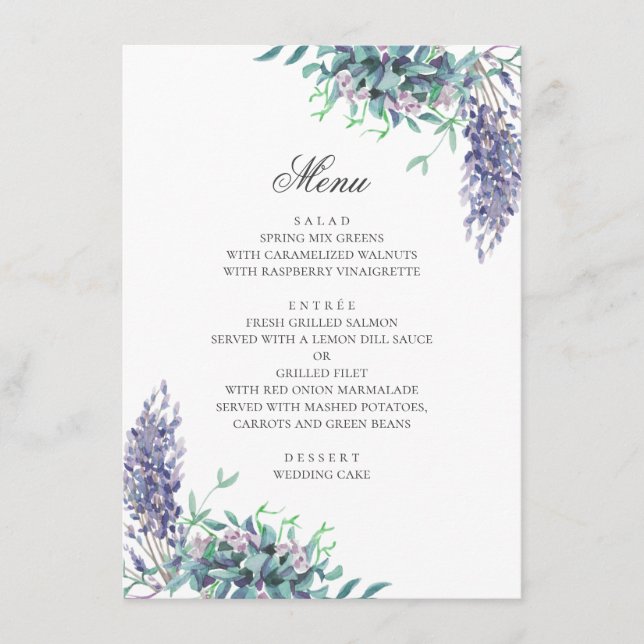 Purple flowers. Garden floral wedding. Lavender Menu (Front)