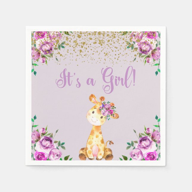 Purple flowers & giraffe baby shower napkins. napkins (Front)