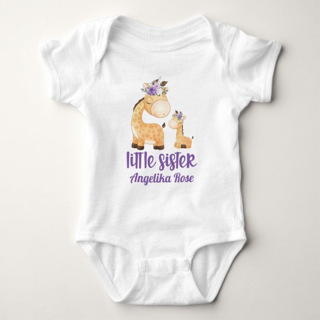 Purple Flowers Giraffe Litter Sister Baby Bodysuit (Front)