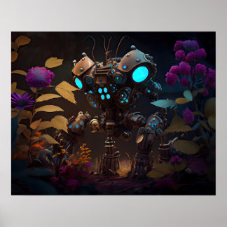 Purple Flowers & Glowing Eyes Robot Poster