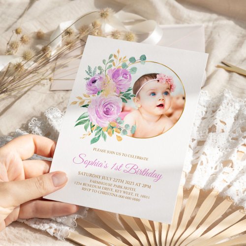 Purple Flowers  Gold Babys First Birthday  Invitation