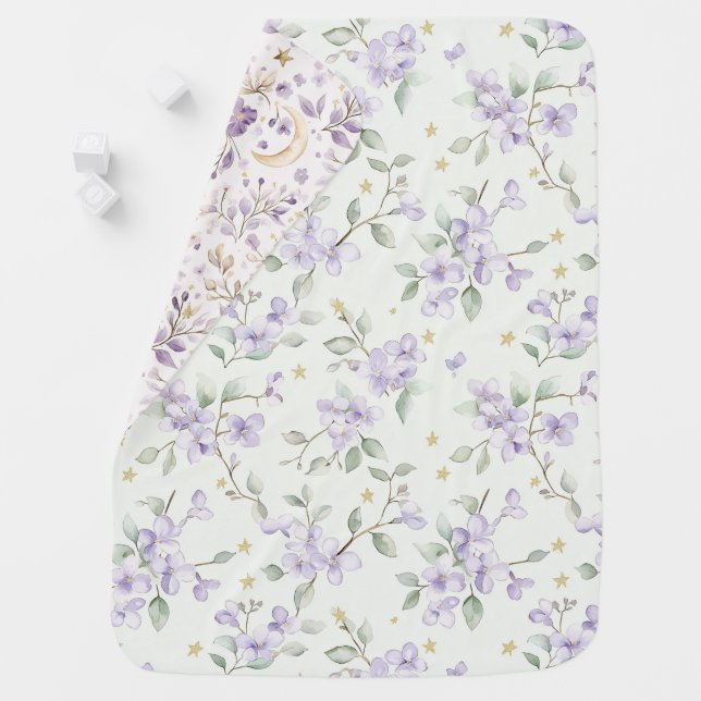 Purple Flowers Gold Stars Moons Baby Blanket (In Situ)