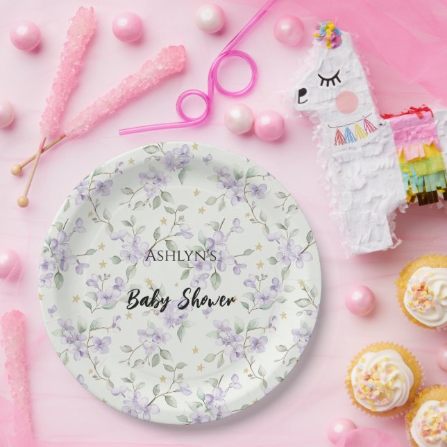 Purple Flowers Gold Stars Moons Baby Shower Paper Plates (Party)