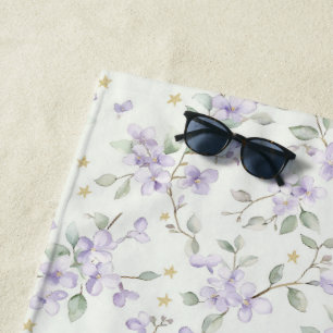 Purple Flowers Gold Stars Moons Beach Towel