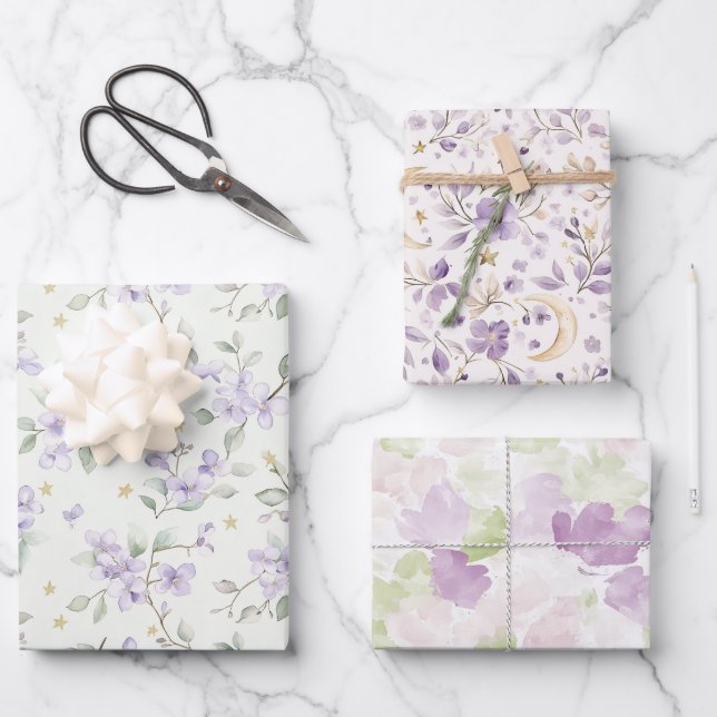 Purple Flowers Gold Stars Moons Birthday Wrapping Paper Sheets (Front)