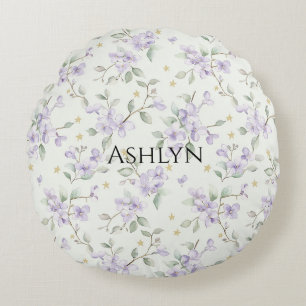 Purple Flowers Gold Stars Moons Round Pillow