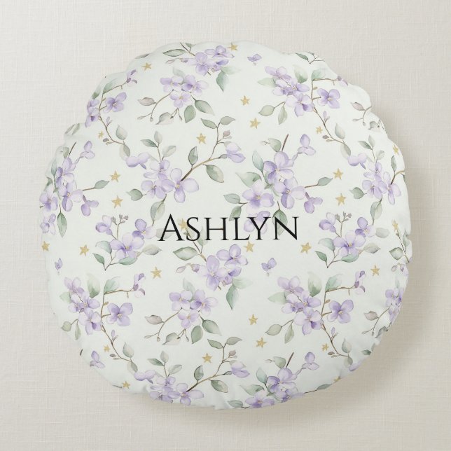 Purple Flowers Gold Stars Moons Round Pillow (Front)