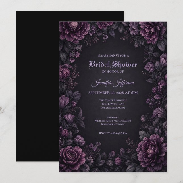 Purple Flowers Gothic Bridal Shower invitation (Front/Back)