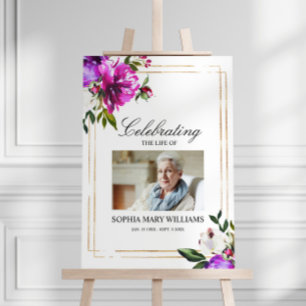 Purple Flowers & Green Funeral Welcome Sign