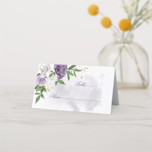 purple flowers green leaves botanical place card