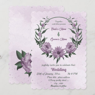 purple flowers green leaves botanical wedding invitation