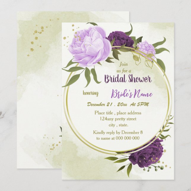 purple flowers green leaves bridal shower invitation (Front/Back)