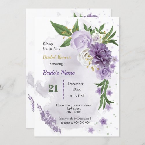 purple flowers  green leaves bridal shower invitation