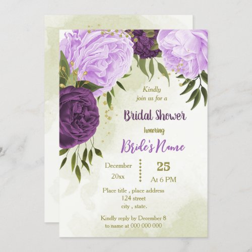 purple flowers green leaves bridal shower invitation