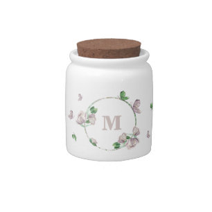 purple flowers green leaves butterflies  candy jar