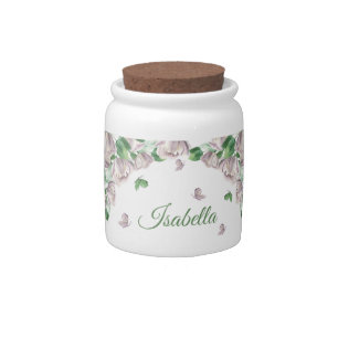 purple flowers green leaves butterflies  candy jar