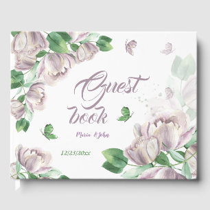 purple flowers green leaves butterflies guest book