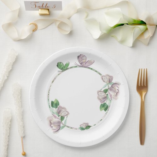 purple flowers green leaves butterflies paper plates