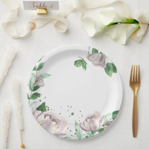 purple flowers green leaves butterflies paper plates