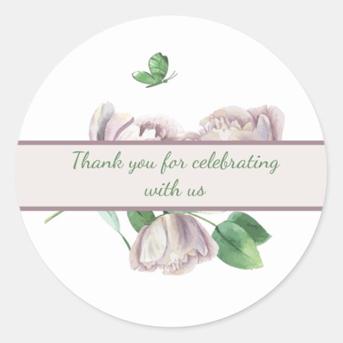 purple flowers green leaves butterflies thank you classic round sticker