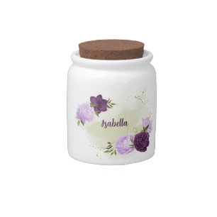 purple flowers green leaves candy jar
