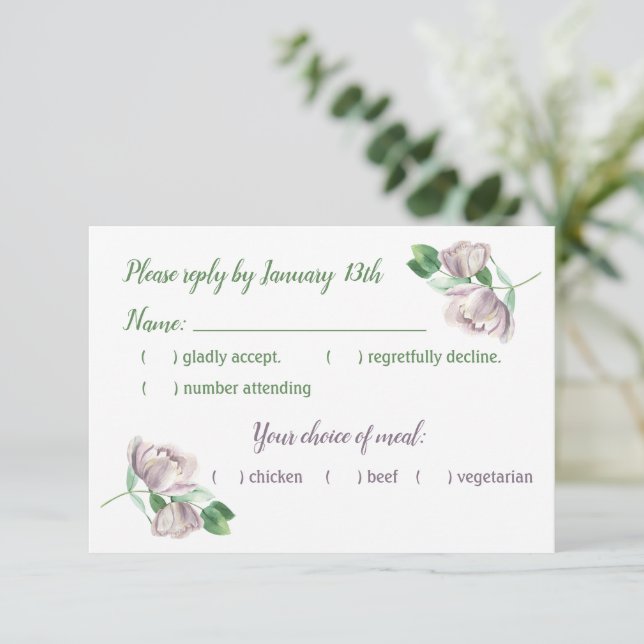 purple flowers green leaves RSVP card (Standing Front)