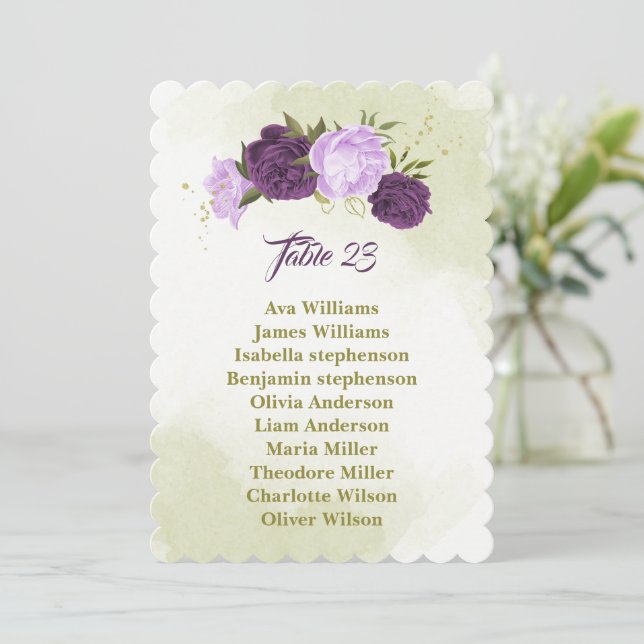 purple flowers green leaves seating chart card (Standing Front)