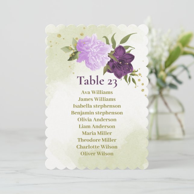 purple flowers green leaves seating chart card (Standing Front)