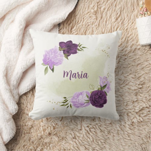 purple flowers green leaves  throw pillow