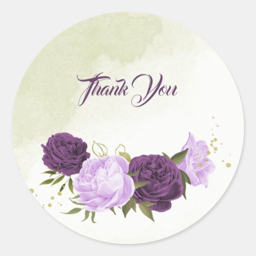 purple flowers green leaves wedding classic round sticker
