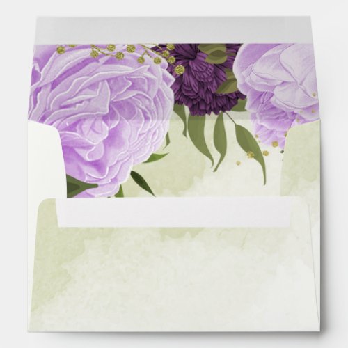 purple flowers green leaves wedding envelope