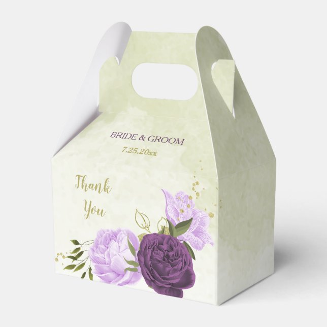 purple flowers green leaves wedding favor boxes (Front Side)