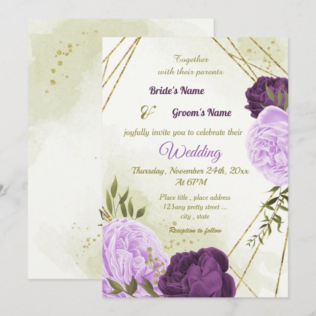 purple flowers green leaves wedding invitation (Front/Back)