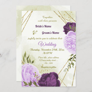 purple flowers green leaves wedding invitation