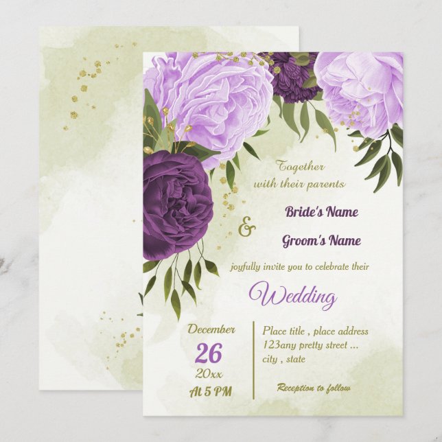 purple flowers green leaves wedding invitation (Front/Back)