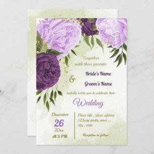 purple flowers green leaves wedding invitation