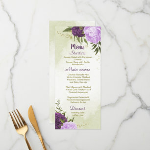 purple flowers green leaves wedding menu