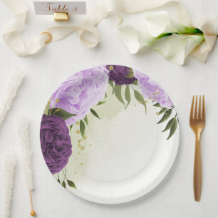 purple flowers green leaves wedding paper plates