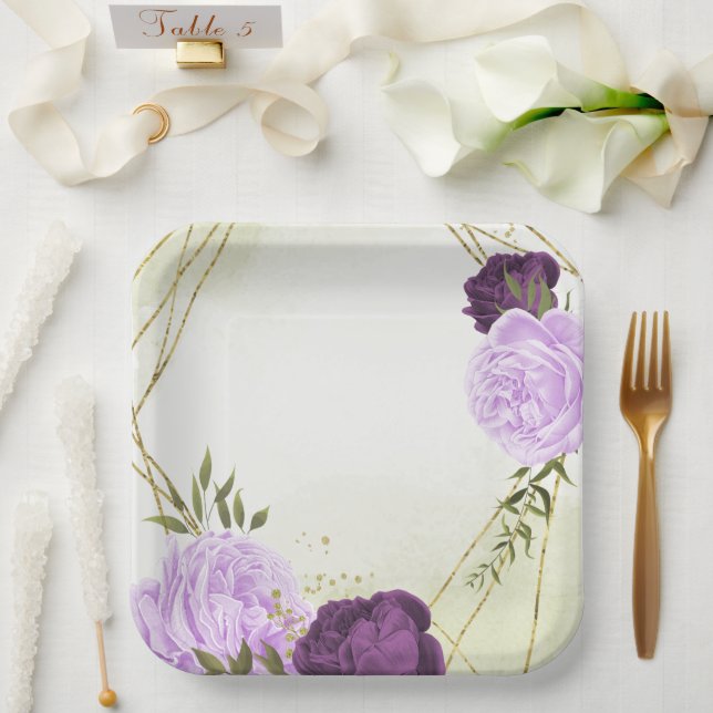 purple flowers green leaves wedding paper plates (Wedding)