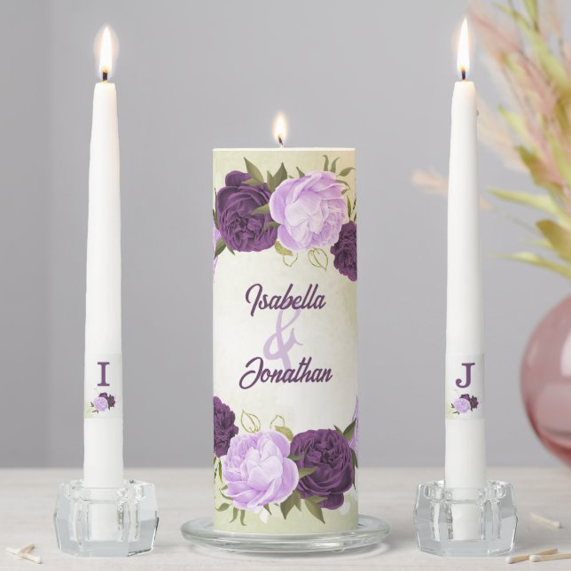 purple flowers green leaves wedding unity candle set (In Situ)