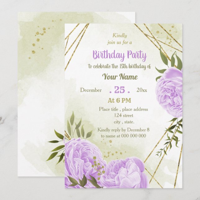 purple flowers greenery birthday party invitation (Front/Back)